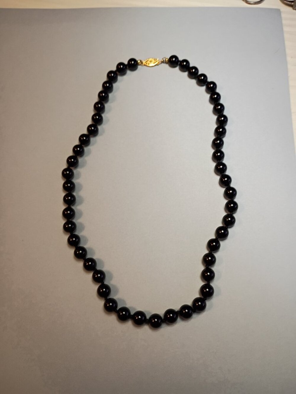 Vintage Hand Knotted Black Onyx Round Bead Strand Necklace Gold Filigree Clasp